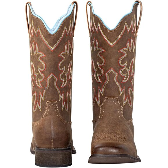 J's.o.l.e Women Brown Cowboy Boot Square Mid Calf Pull On Fashion Embroidered - Picture 2 of 9